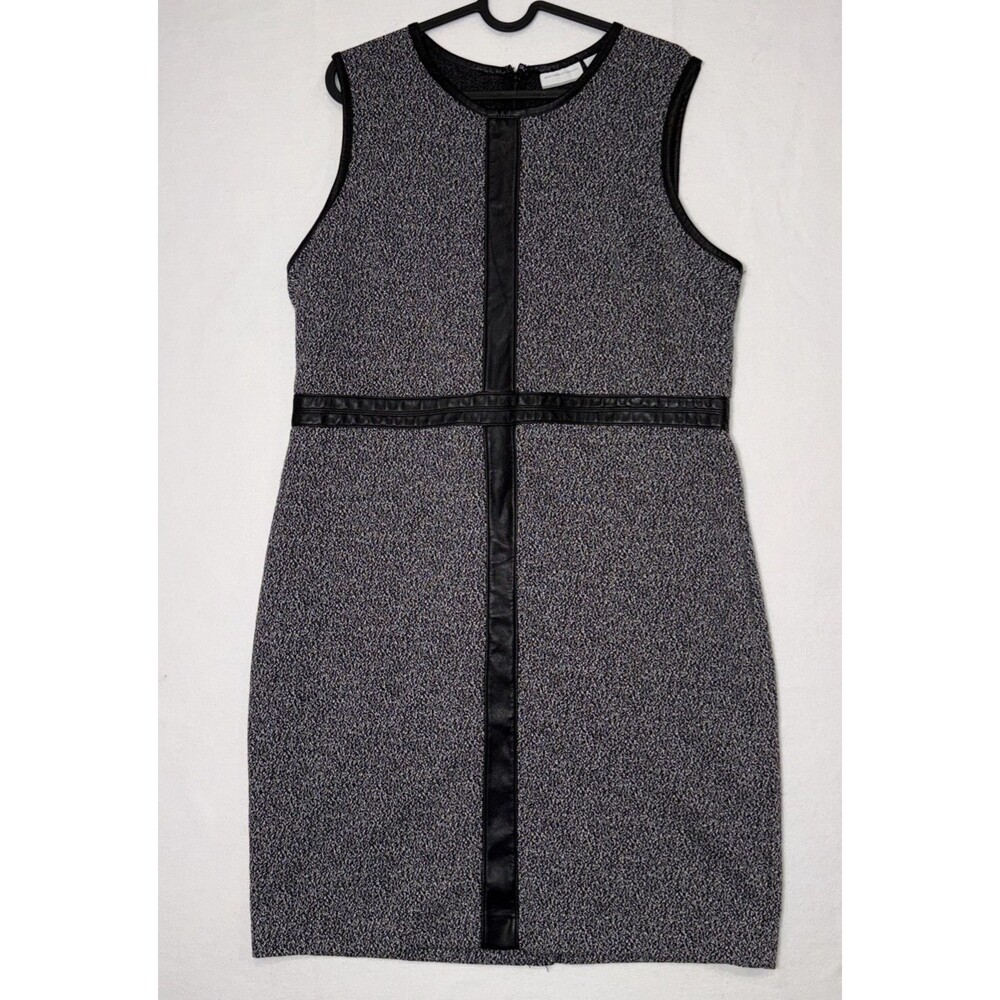 New York & Company Black/White Sleeveless Sheath Dress Faux Leather LG Tweed